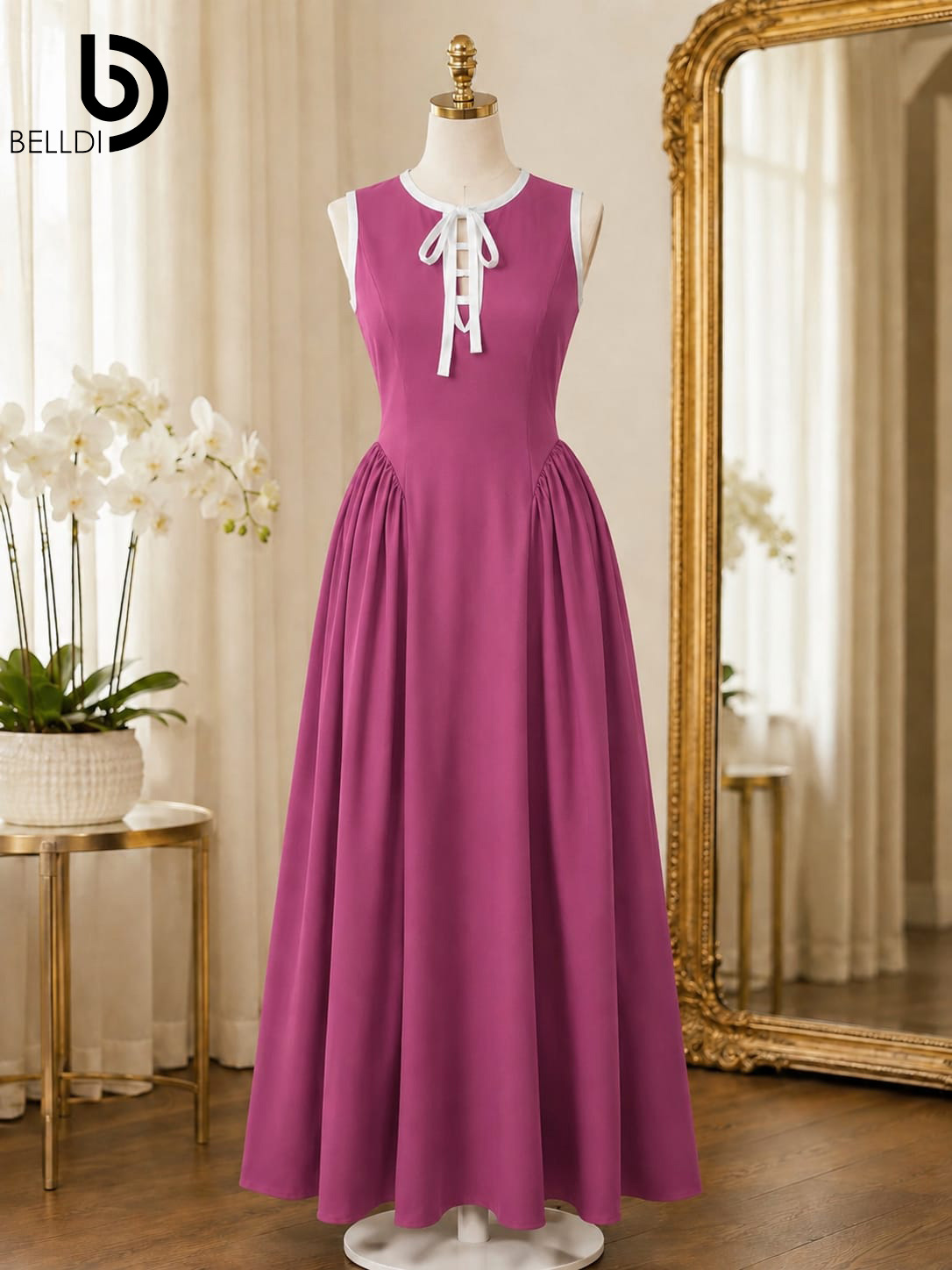 SLEEVELESS LONG DRESS WITH WHITE TIE COLLAR