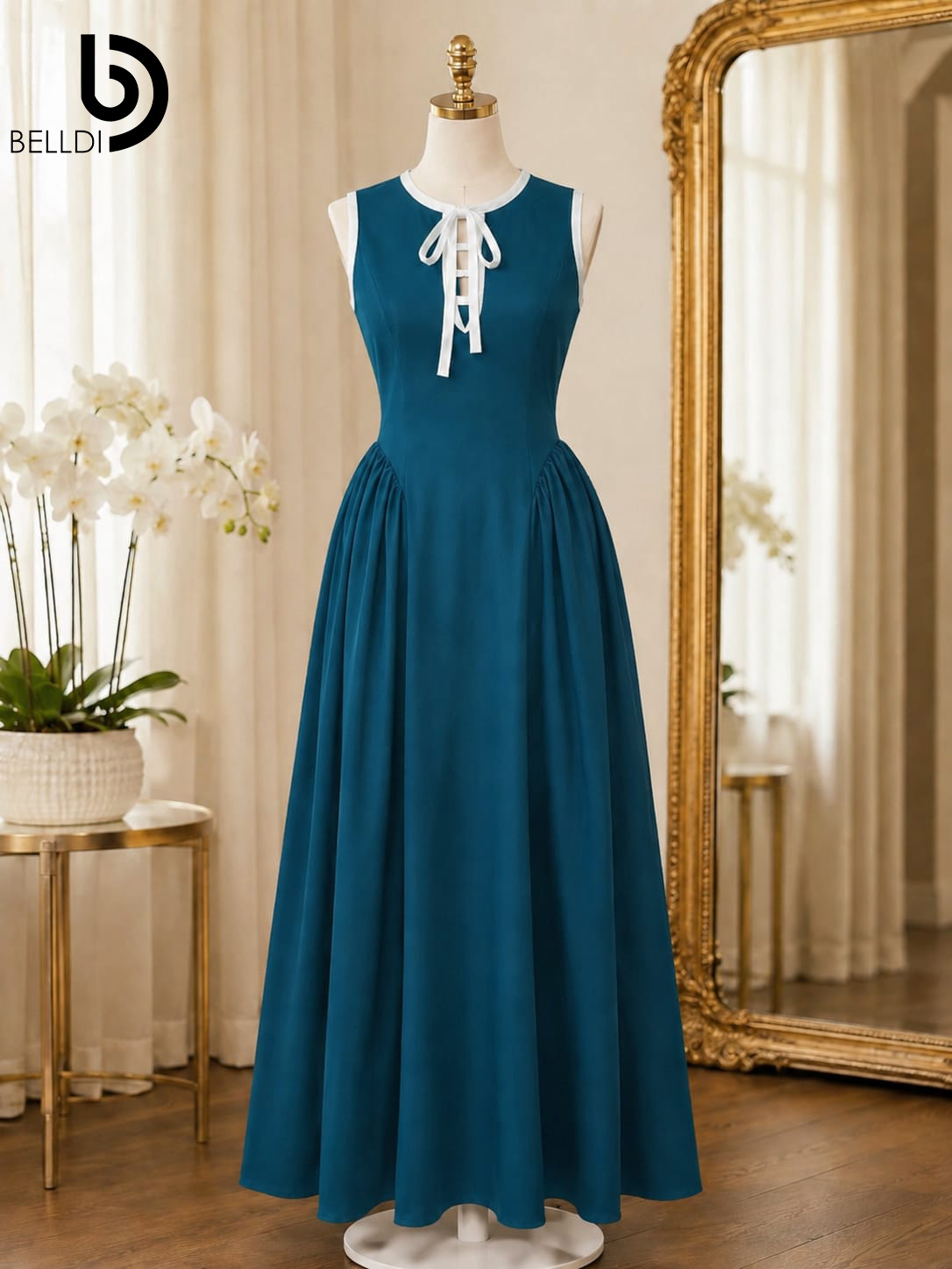 SLEEVELESS LONG DRESS WITH WHITE TIE COLLAR