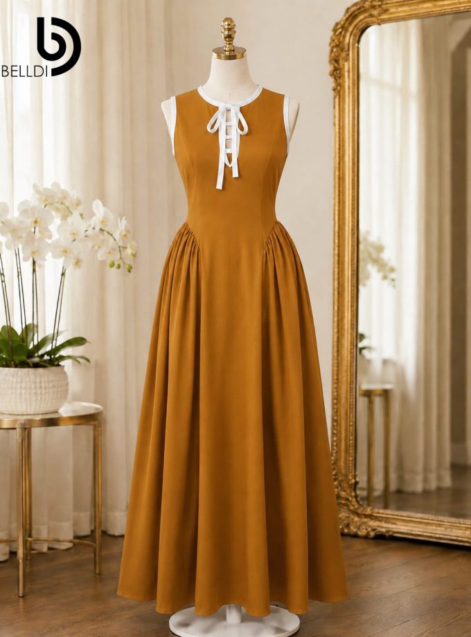SLEEVELESS LONG DRESS WITH WHITE TIE COLLAR