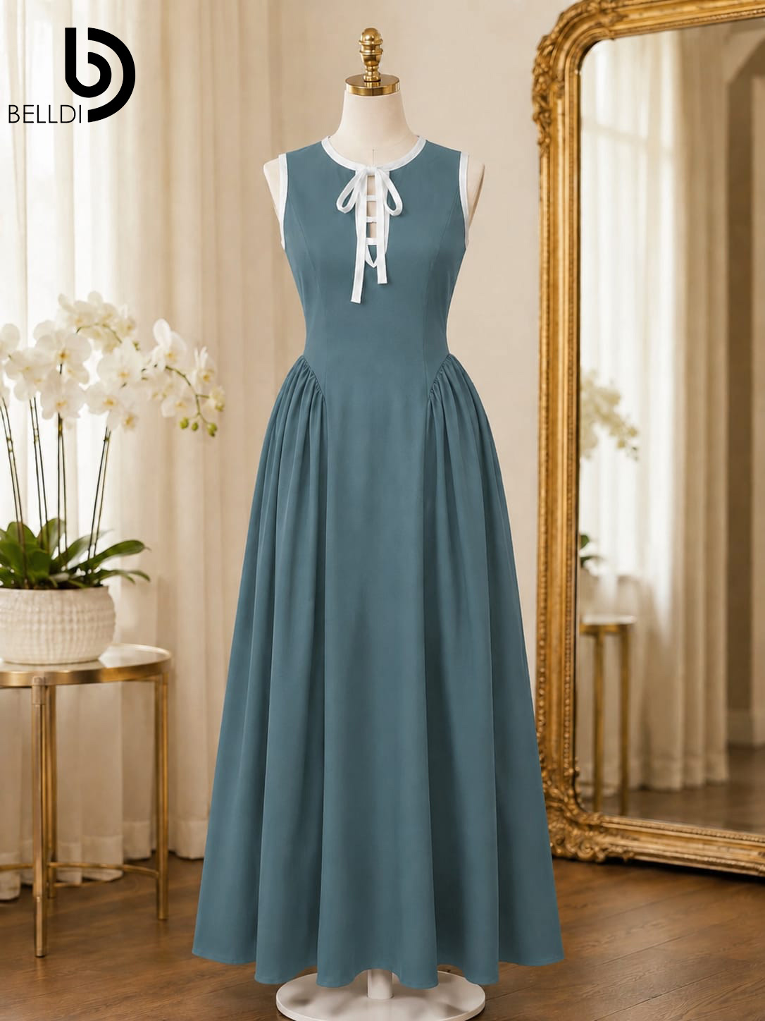 SLEEVELESS LONG DRESS WITH WHITE TIE COLLAR