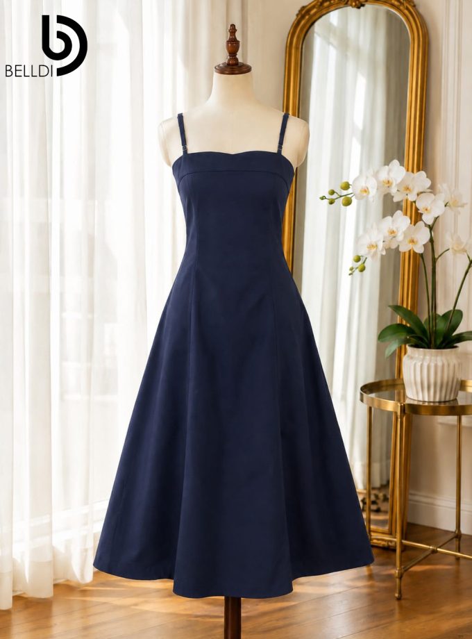 DENIM SPAGHETTI STRAP A-LINE MIDI DRESS