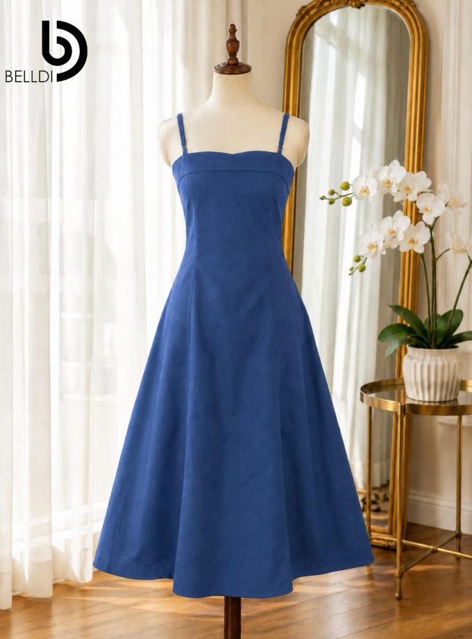 DENIM SPAGHETTI STRAP A-LINE MIDI DRESS