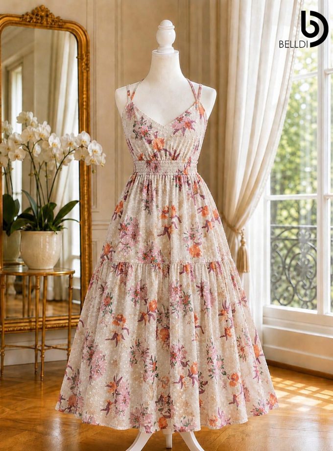 ​FLORAL PRINTED SPAGHETTI STRAP LONG DRESS