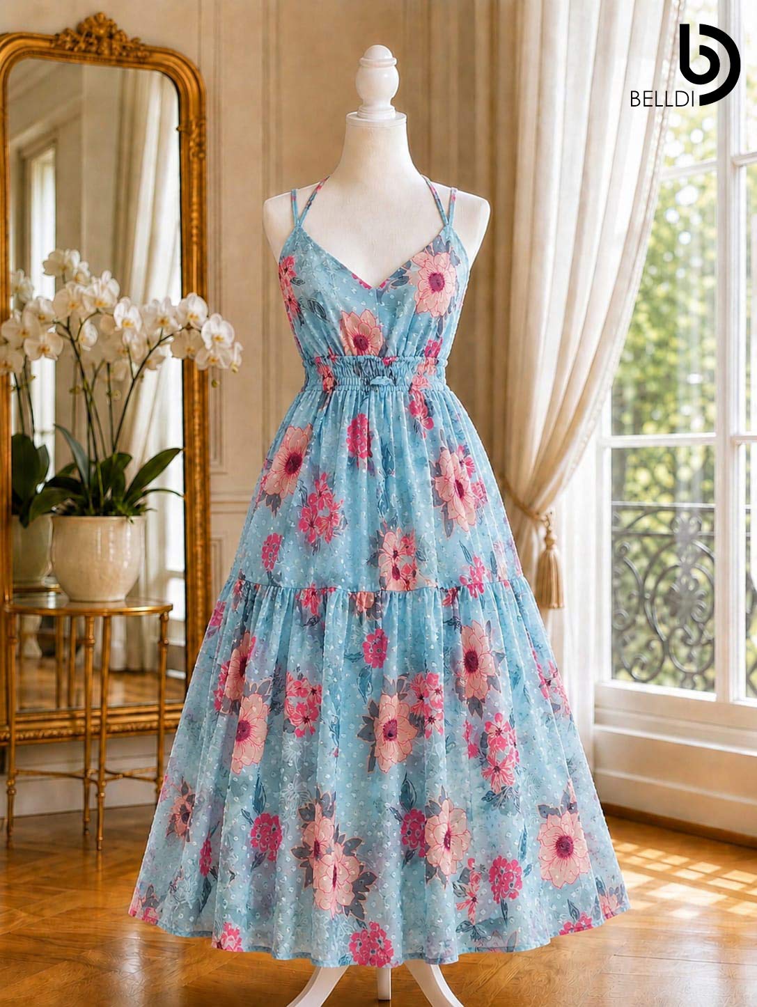 FLORAL PRINTED SPAGHETTI STRAP LONG DRESS
