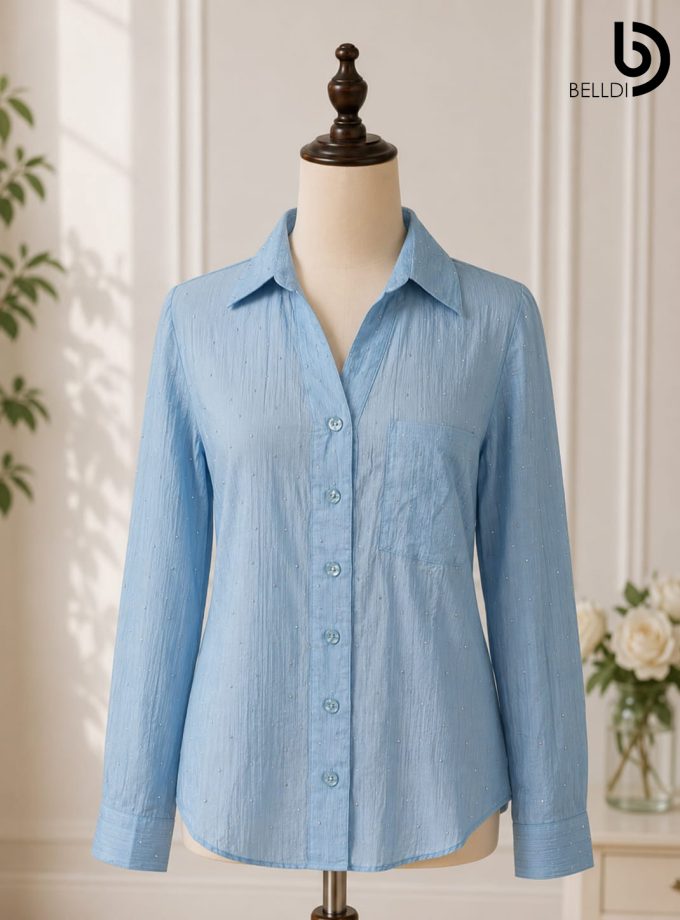 LIGHT BLUE SEQUINED BUTTON DOWN SHIRT