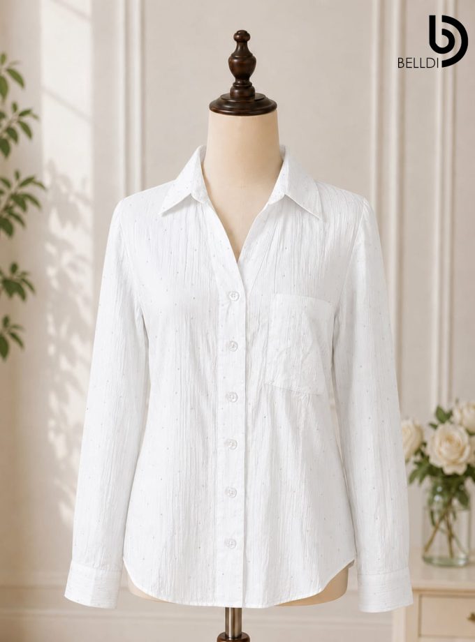 WHITE SEQUINED BUTTON DOWN SHIRT