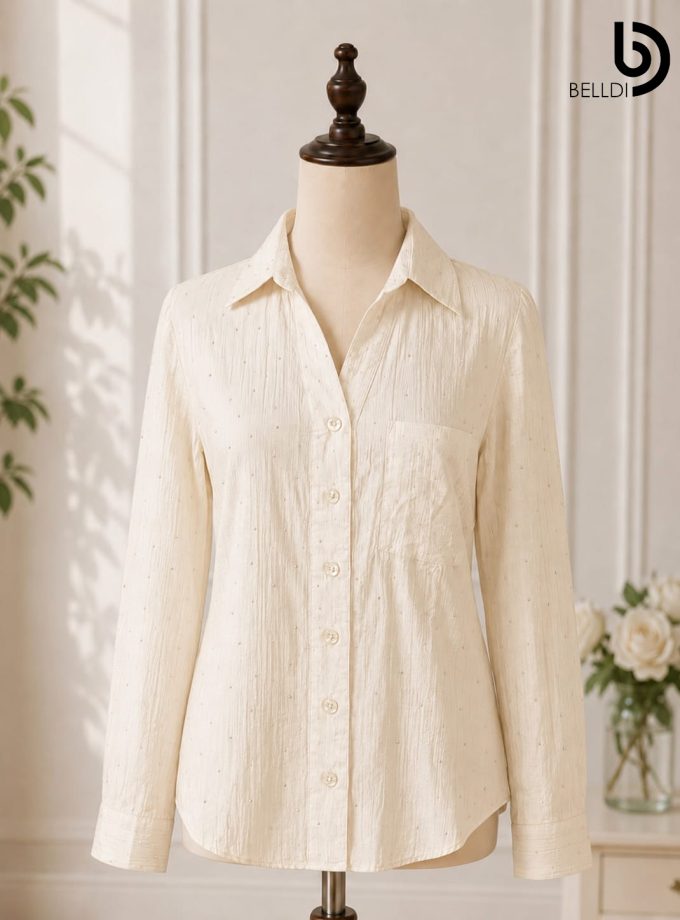 CREAM SEQUINED BUTTON DOWN SHIRT