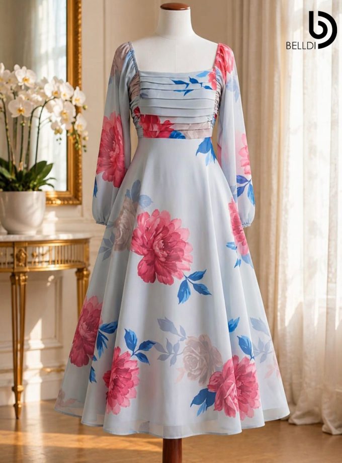  ROSE FLORAL PLEATED BUST LONG DRESS