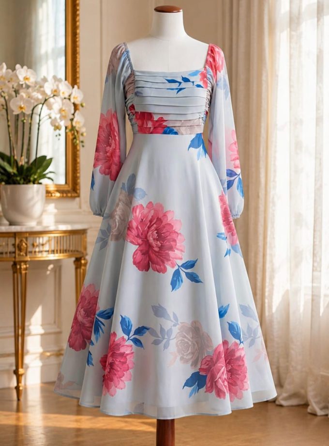 ​ ROSE FLORAL PLEATED BUST LONG DRESS