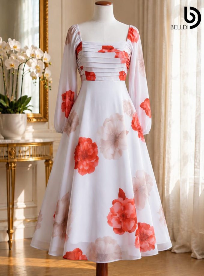 PEACH FLORAL PLEATED BUST LONG DRESS