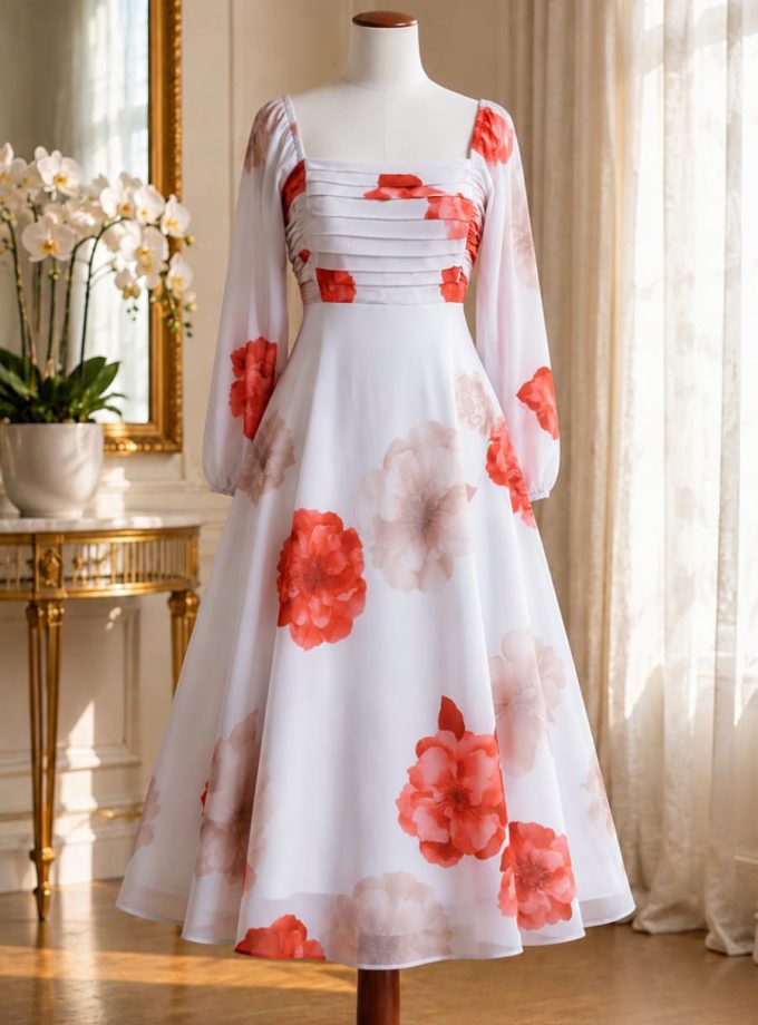 PEACH FLORAL PLEATED BUST LONG DRESS
