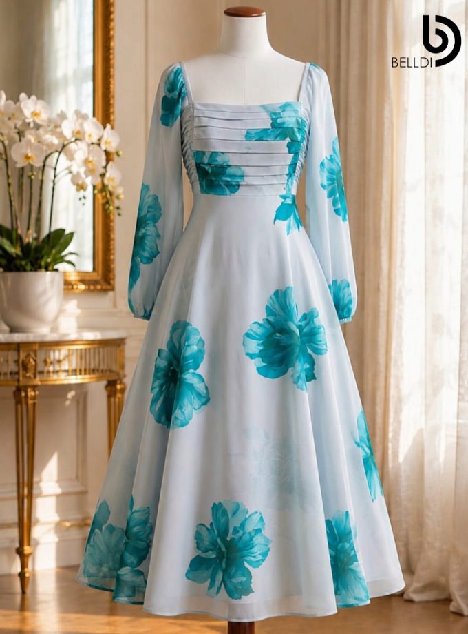 AQUA FLORAL PLEATED BUST LONG DRESS