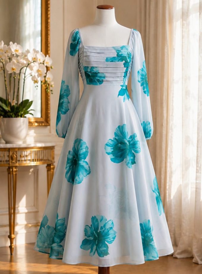 AQUA FLORAL PLEATED BUST LONG DRESS