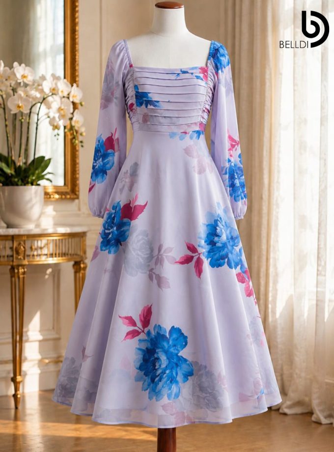 LAVENDER FLORAL PLEATED BUST LONG DRESS