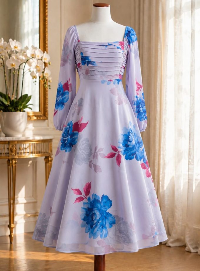 LAVENDER FLORAL PLEATED BUST LONG DRESS