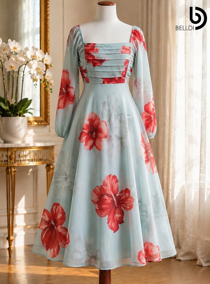 MINT RED FLORAL PLEATED BUST LONG DRESS