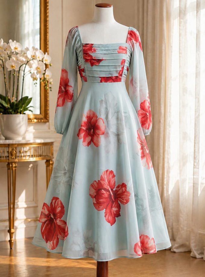 MINT RED FLORAL PLEATED BUST LONG DRESS