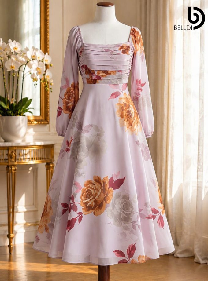 DUSTY PINK FLORAL PLEATED BUST LONG DRESS