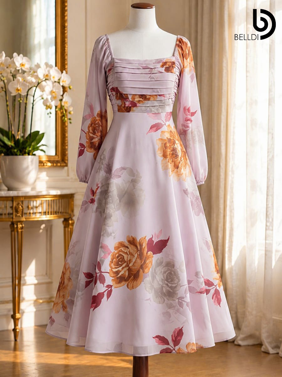 DUSTY PINK FLORAL PLEATED BUST LONG DRESS