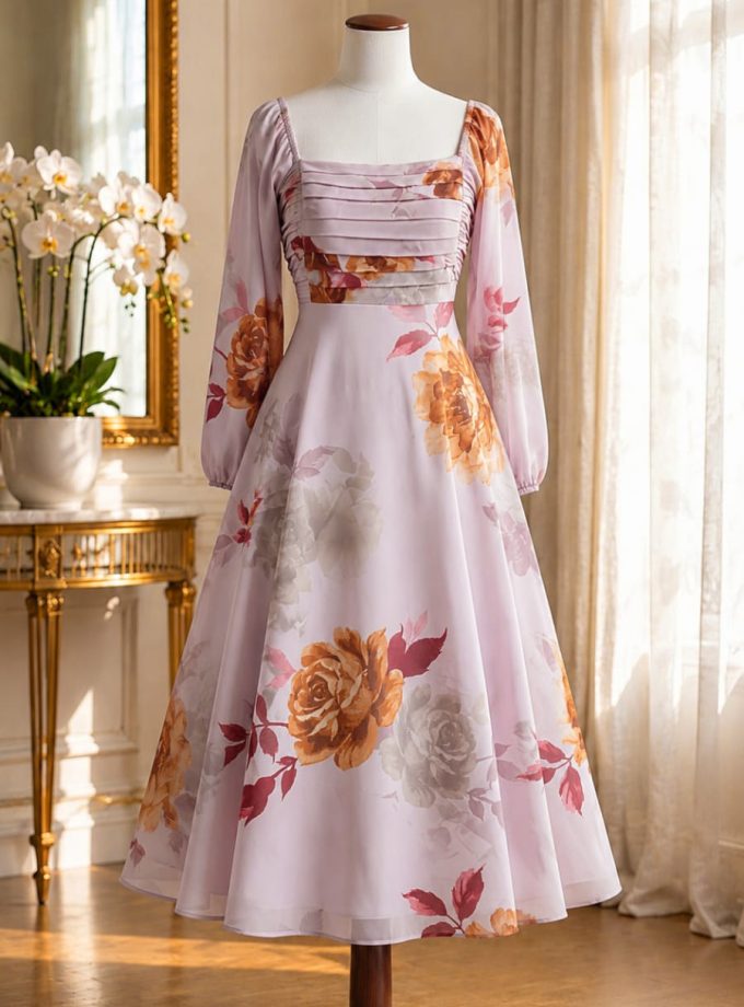 DUSTY PINK FLORAL PLEATED BUST LONG DRESS