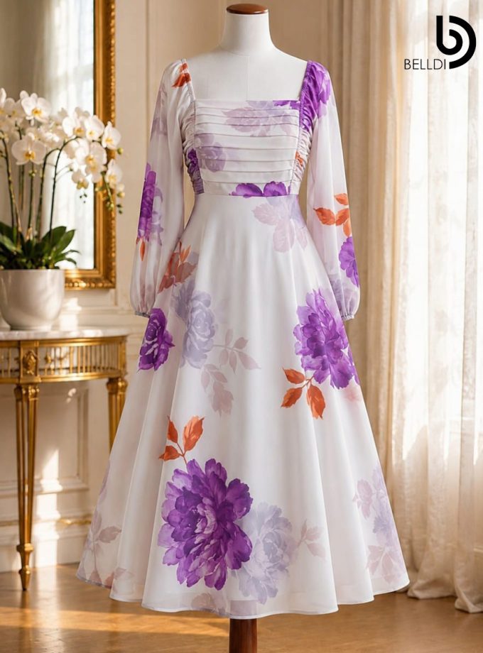 PURPLE FLORAL PLEATED BUST LONG DRESS