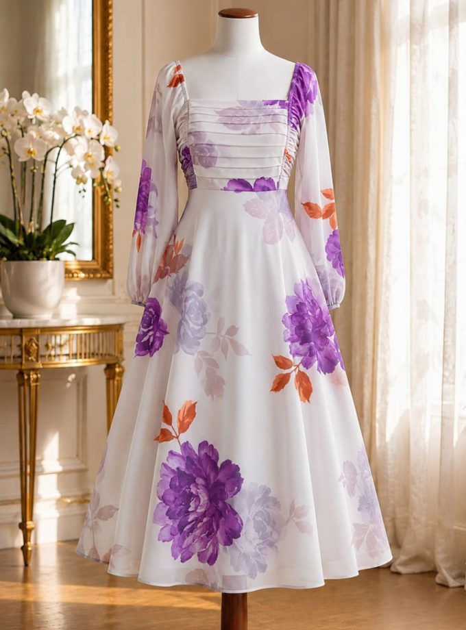 PURPLE FLORAL PLEATED BUST LONG DRESS