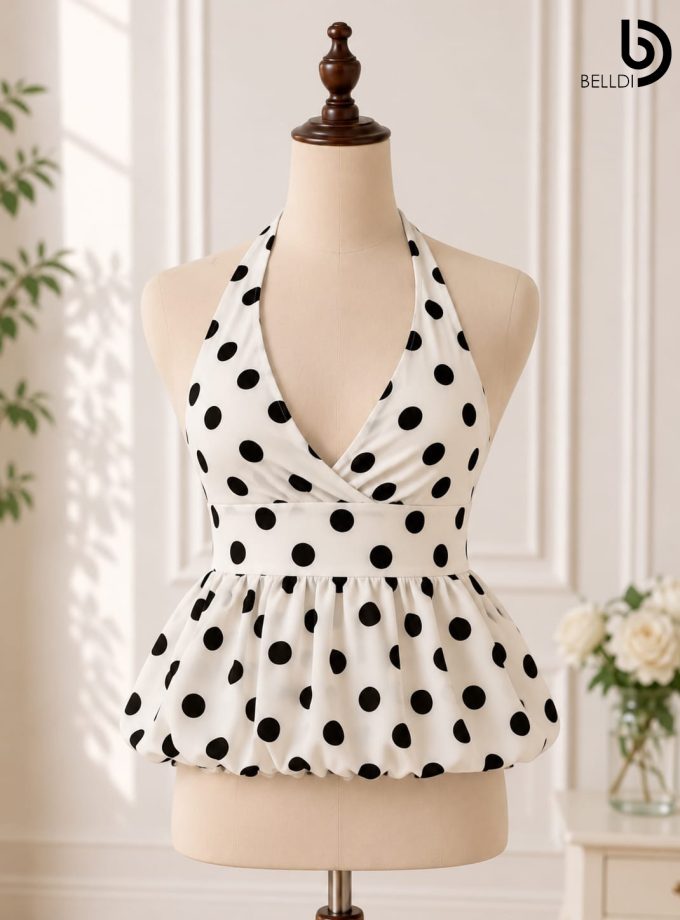 BLACK & WHITE POLKA DOT HALTER TOP