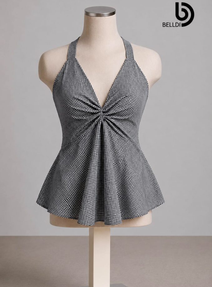 GINGHAM HALTER PEPLUM TOP