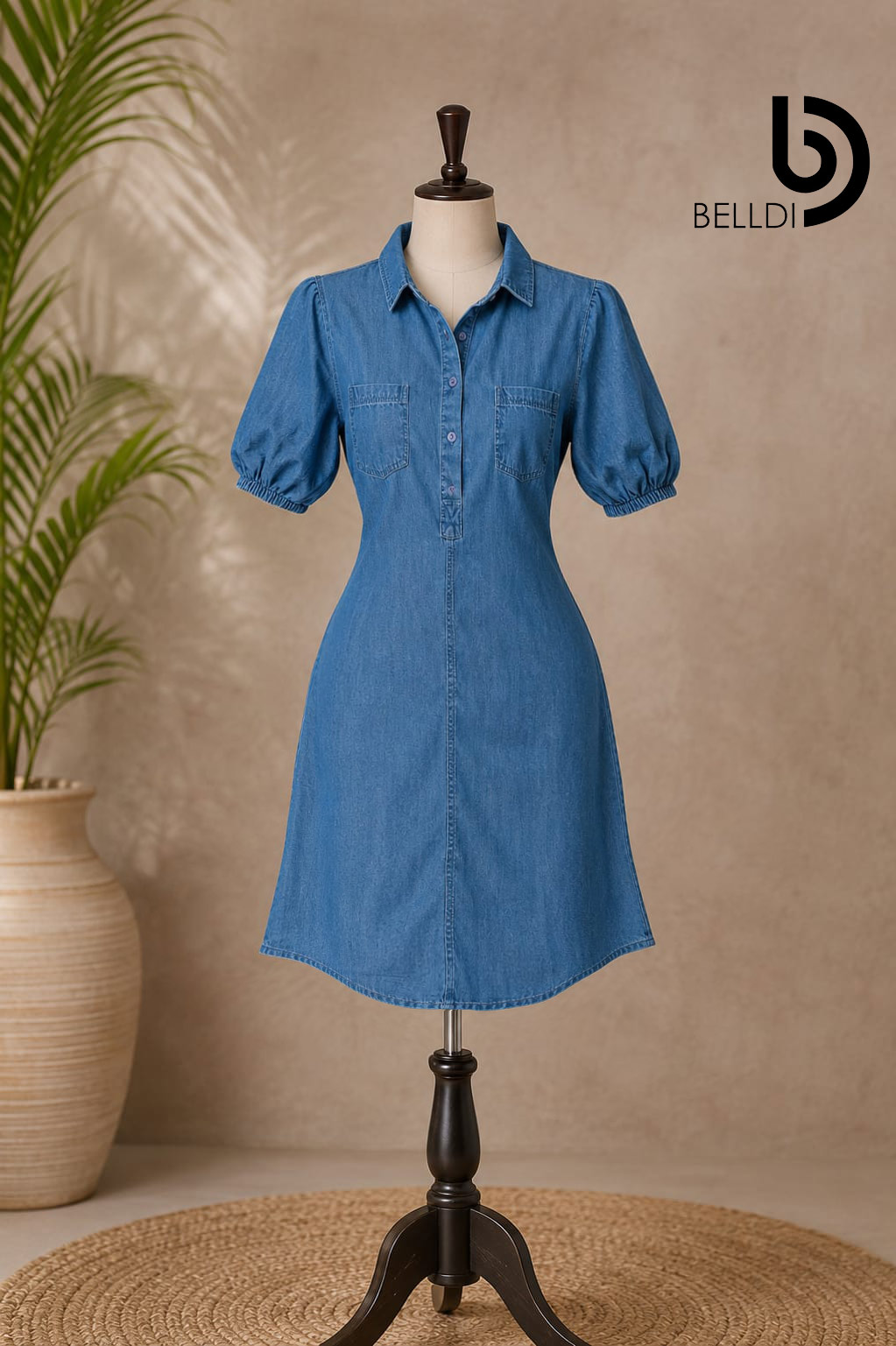 DENIM PUFF SLEEVE SHIRT DRESS