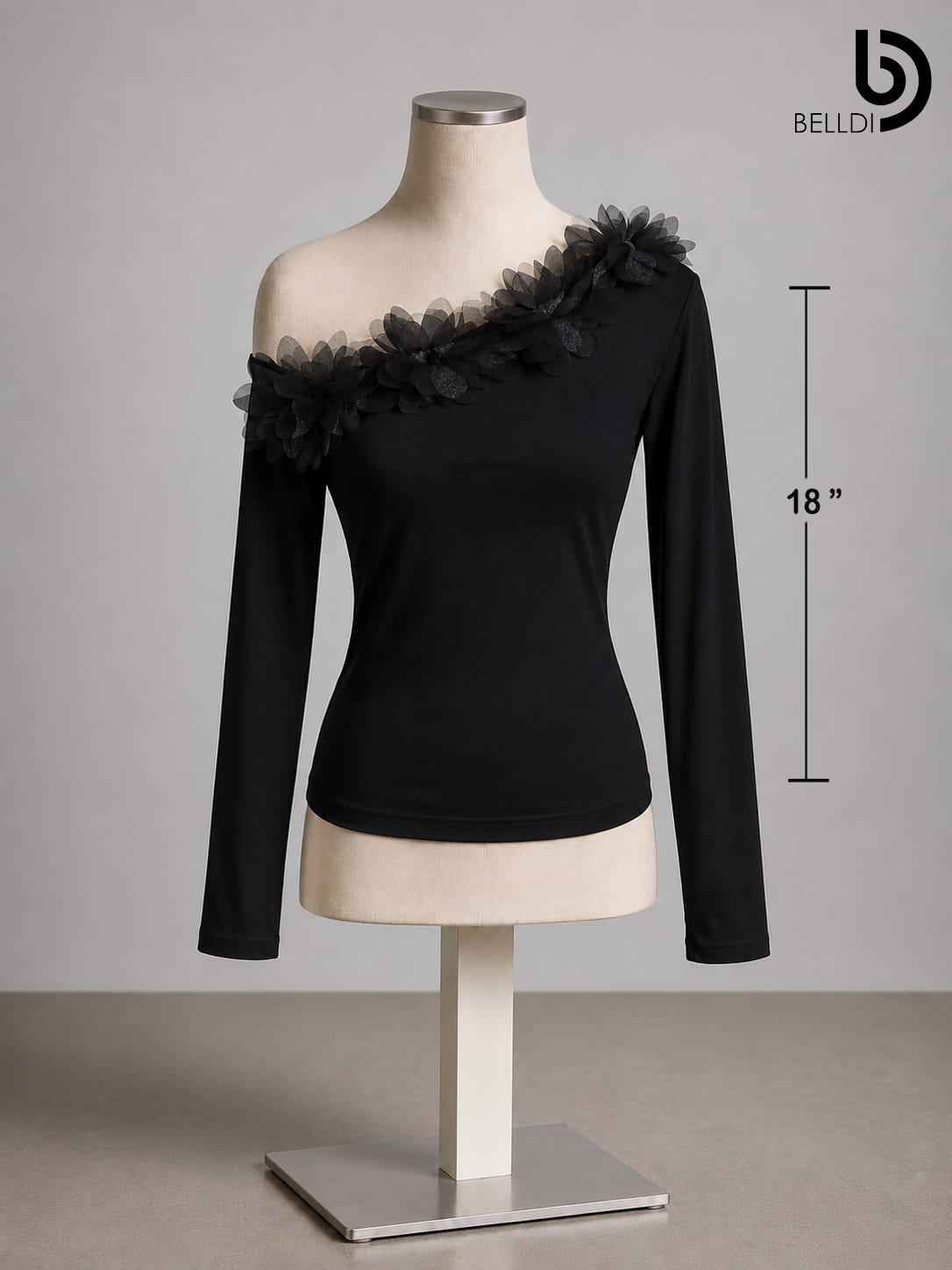 ONE SHOULDER LONG SLEEVE BLACK CROP TOP - Image 2