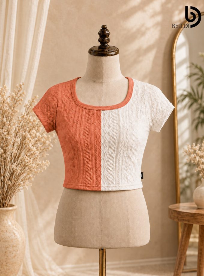 TWO-TONE TEXTURED SHORT SLEEVE TOP