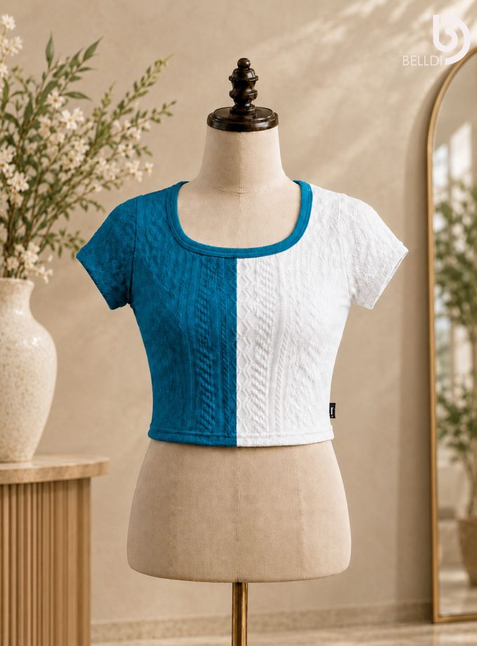 TWO-TONE TEXTURED SHORT SLEEVE TOP