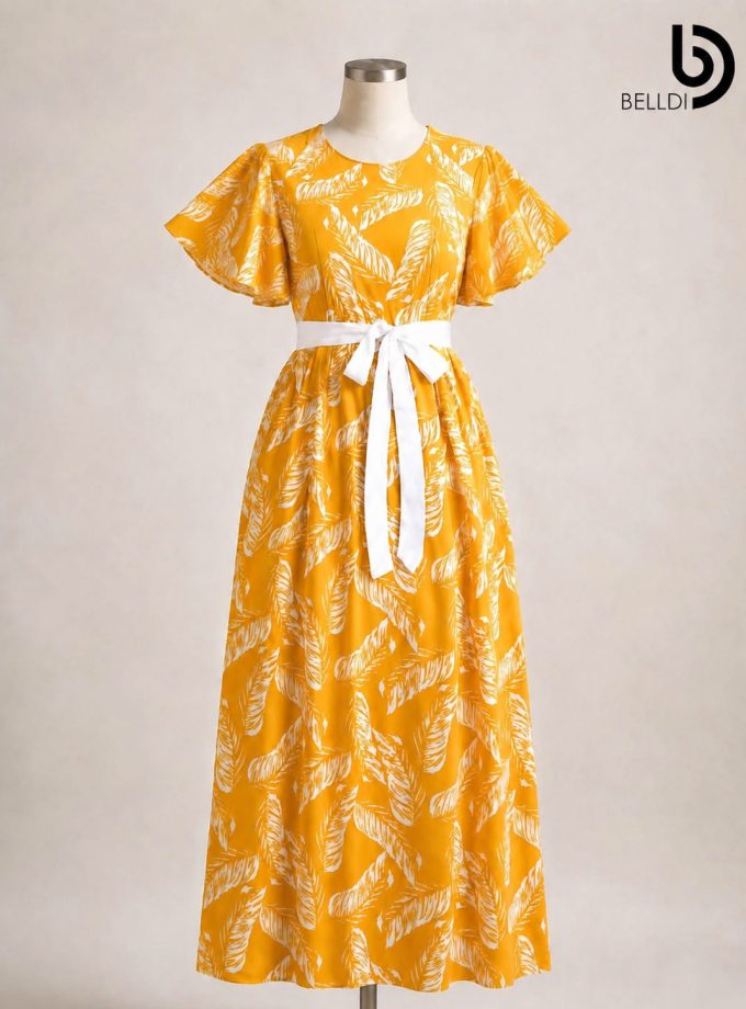 MUSTARD LEAF PRINT BELTED MAXI DRESS