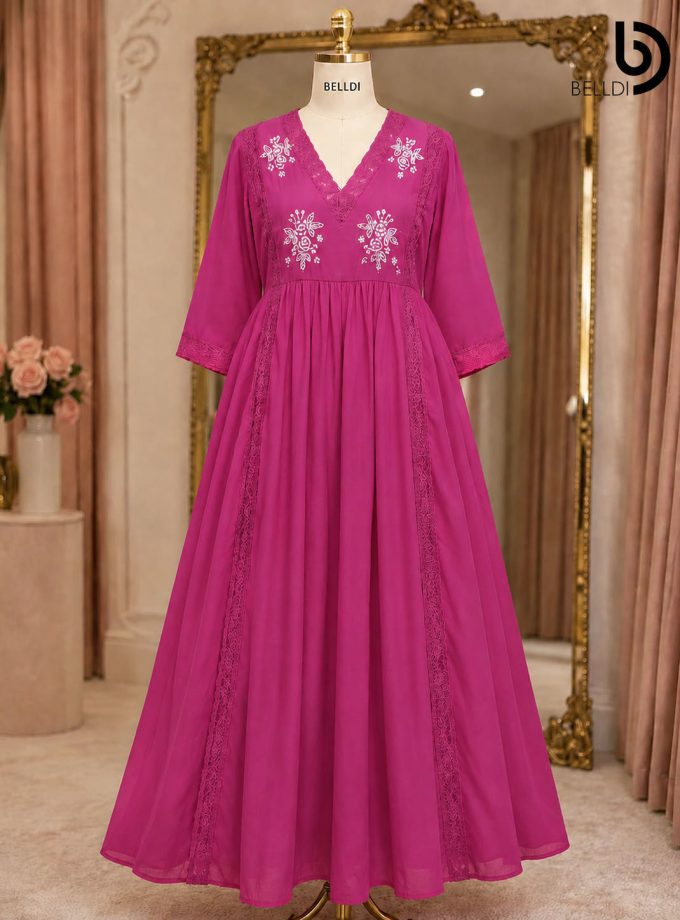 FUCHSIA PINK EMBROIDERED INDIAN FROCK