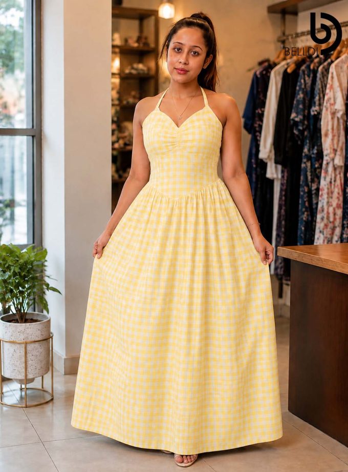 CHECKERED HALTER MAXI DRESS
