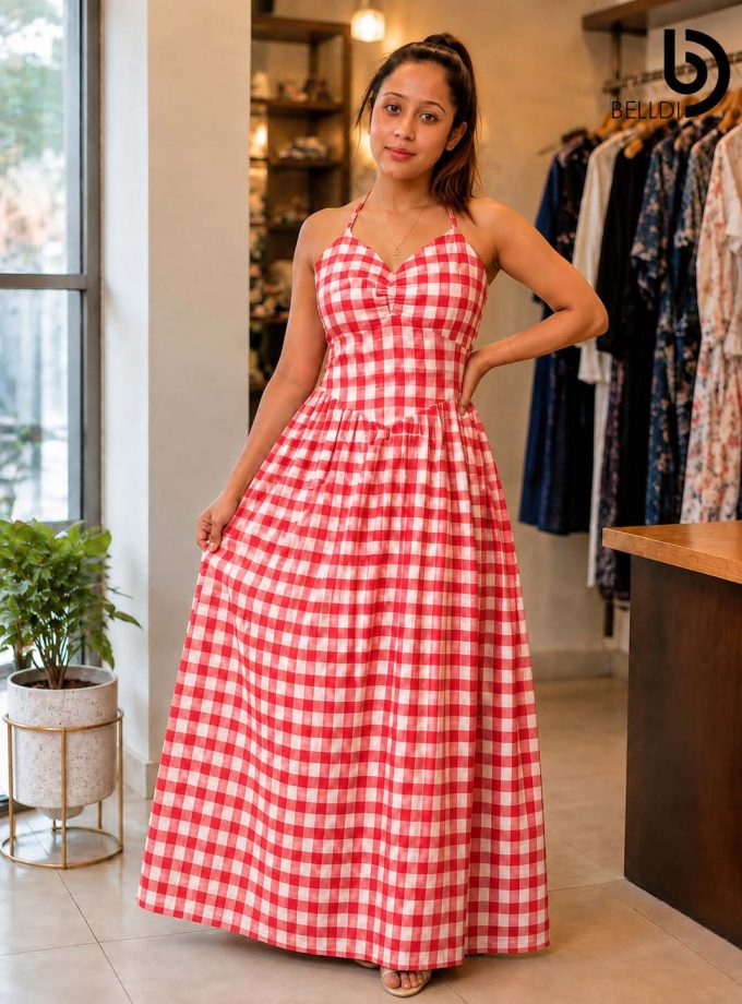 CHECKERED HALTER MAXI DRESS