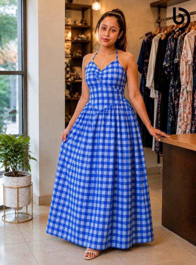 CHECKERED HALTER MAXI DRESS