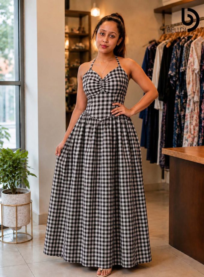 CHECKERED HALTER MAXI DRESS