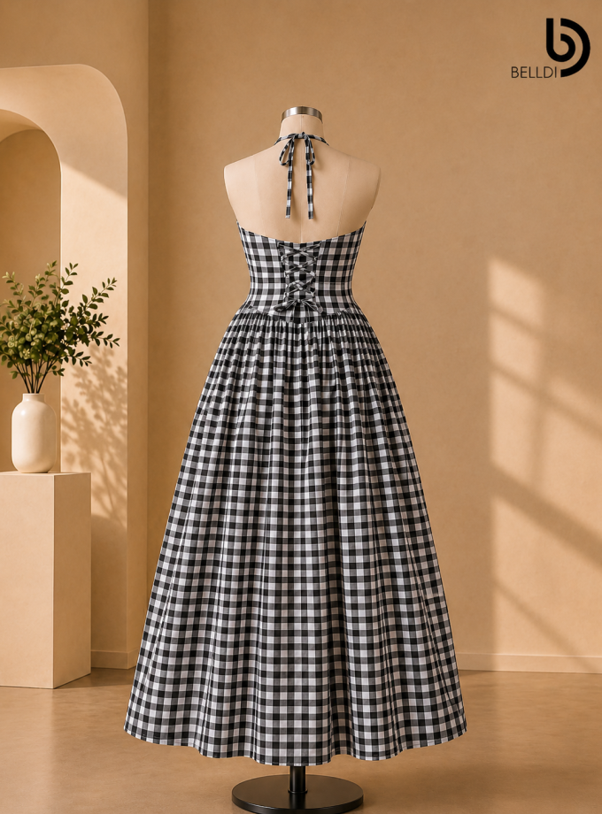CHECKERED HALTER MAXI DRESS