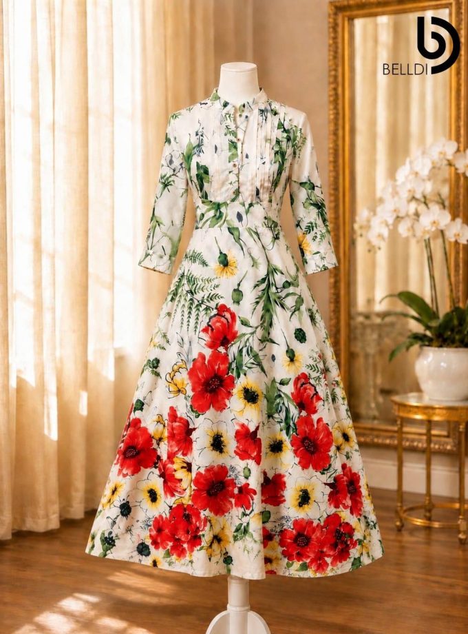 MANDARIN COLLAR FLORAL PRINTED LONG FROCK
