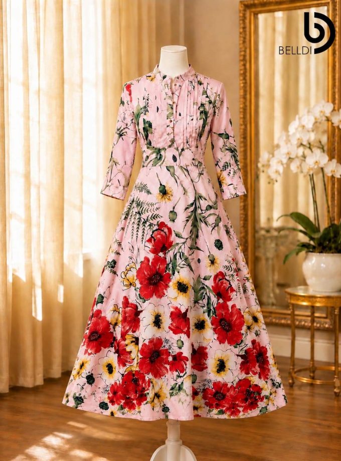 MANDARIN COLLAR FLORAL PRINTED LONG FROCK