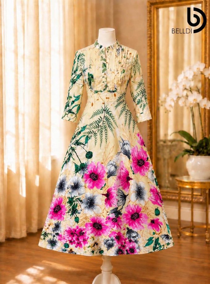 MANDARIN COLLAR FLORAL PRINTED LONG FROCK
