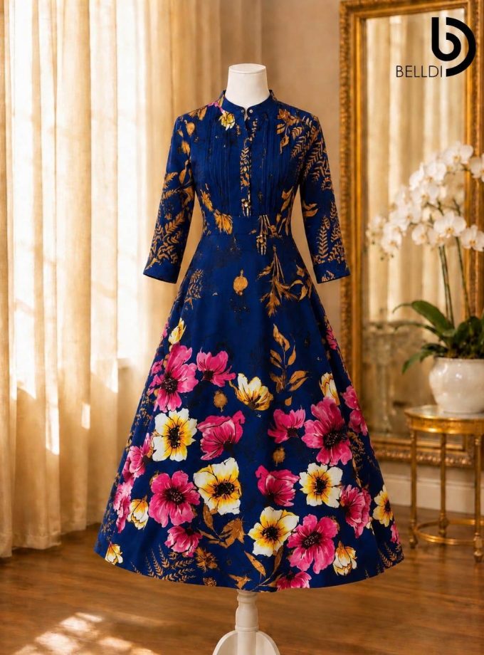 MANDARIN COLLAR FLORAL PRINTED LONG FROCK