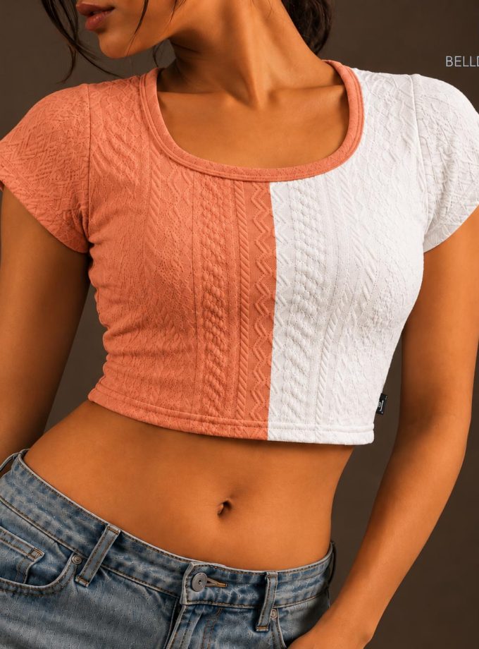 TWO-TONE TEXTURED SHORT SLEEVE TOP