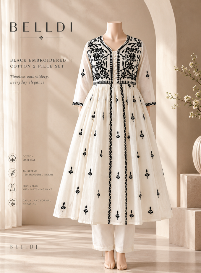 BLACK EMBROIDERED COTTON 2 PIECE SET