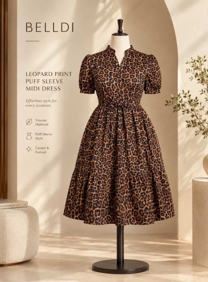 LEOPARD PRINT PUFF SLEEVE MIDI DRESS
