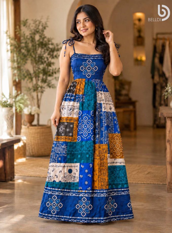 PAISLEY PATCHWORK TIE-STRAP MAXI DRESS