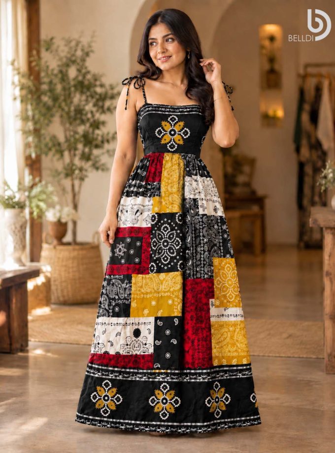 PAISLEY PATCHWORK TIE-STRAP MAXI DRESS
