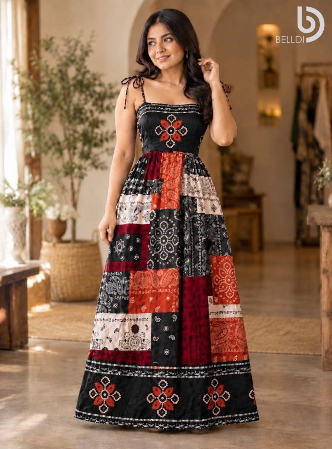 PAISLEY PATCHWORK TIE-STRAP MAXI DRESS