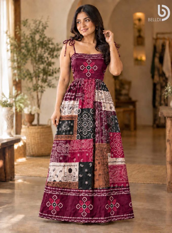 PAISLEY PATCHWORK TIE-STRAP MAXI DRESS